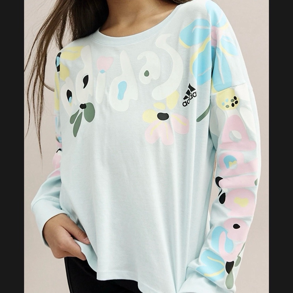 Adidas Floral Long Sleeve Tee Girl’s Size L 14 Light Blue Logo Graphic Shirt